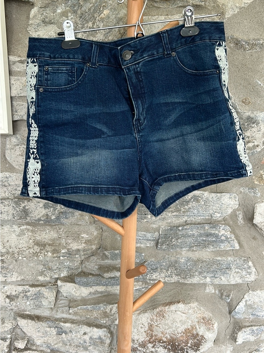Denim Shorts with White Lace Trim